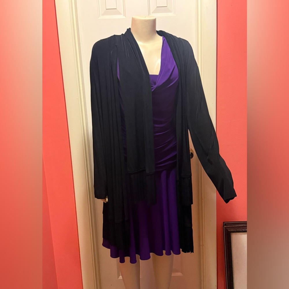 Chico’s Long Black Cardigan with attached scarf with fringe